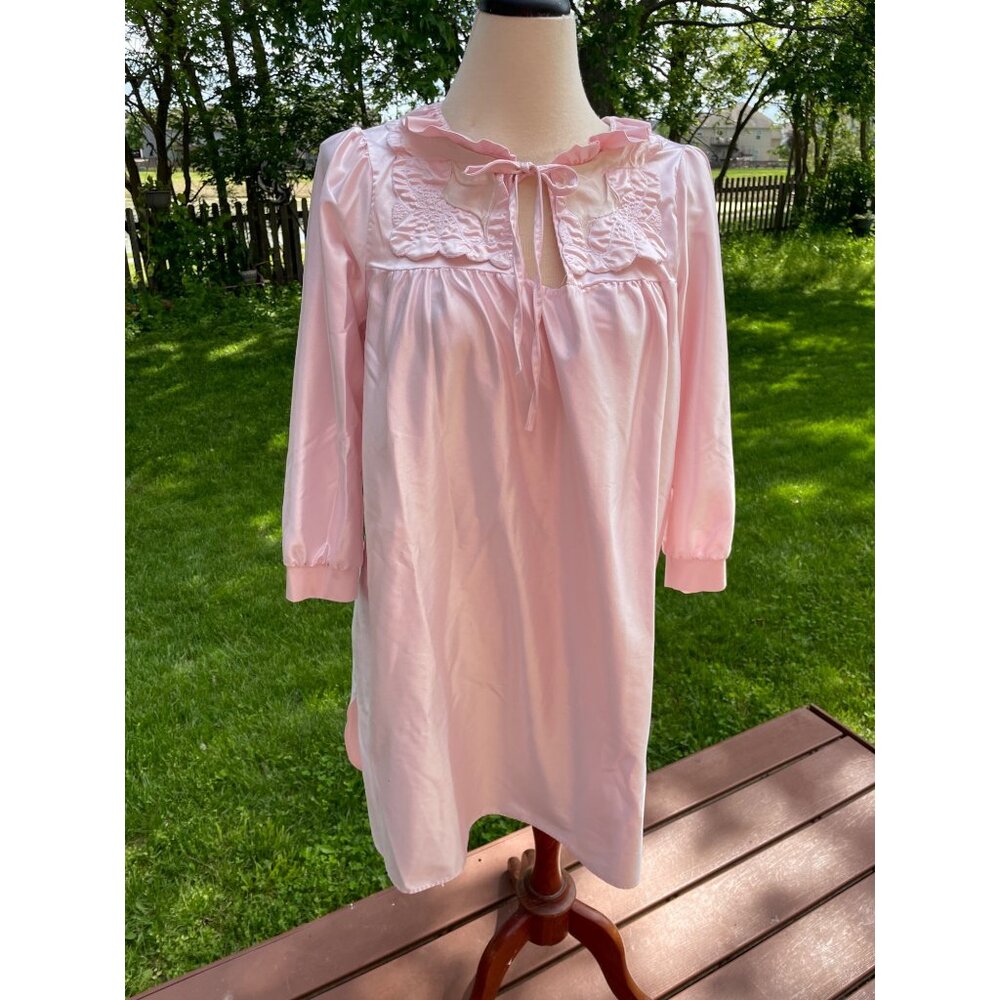 Vintage Featherbed New York Pink Satin Nightgown W/ Ruffled Collar & Embroidered